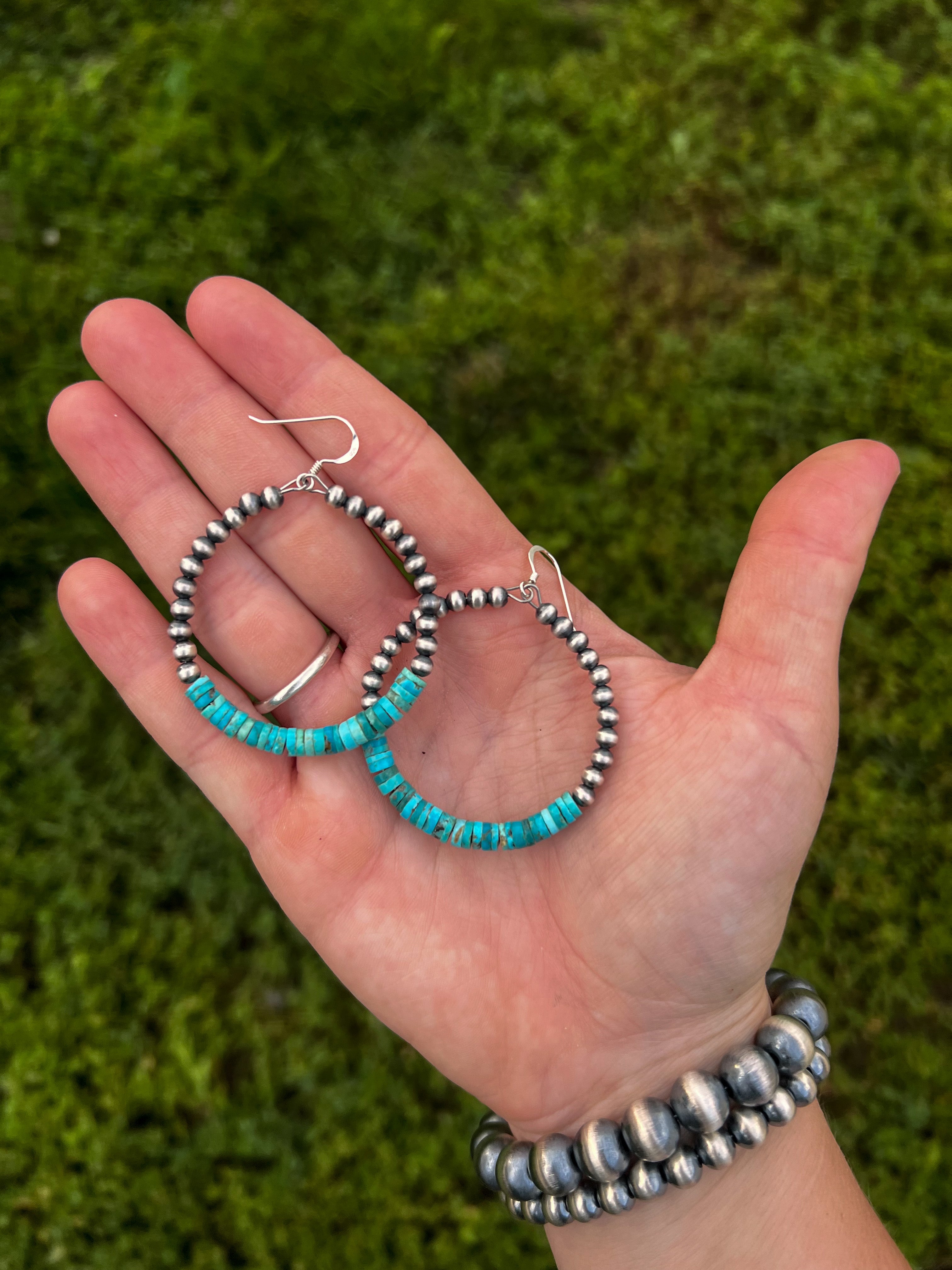 Navajo Pearl and Turquoise Hoops